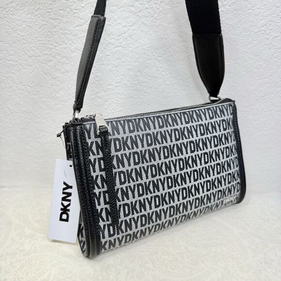NWT DKNY Milo Crossbody Bag Black Monogram Thick Adjustable Strap Zip Magnet - Picture 5 of 16